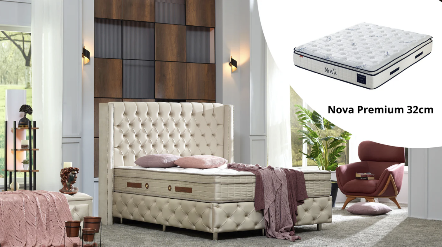 Pack complet Lit coffre Armony Clouté Beige + Matelas Nova Premium 32cm