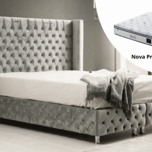 Pack complet Lit coffre Armony Clouté Gris + Matelas Nova Premium 32cm