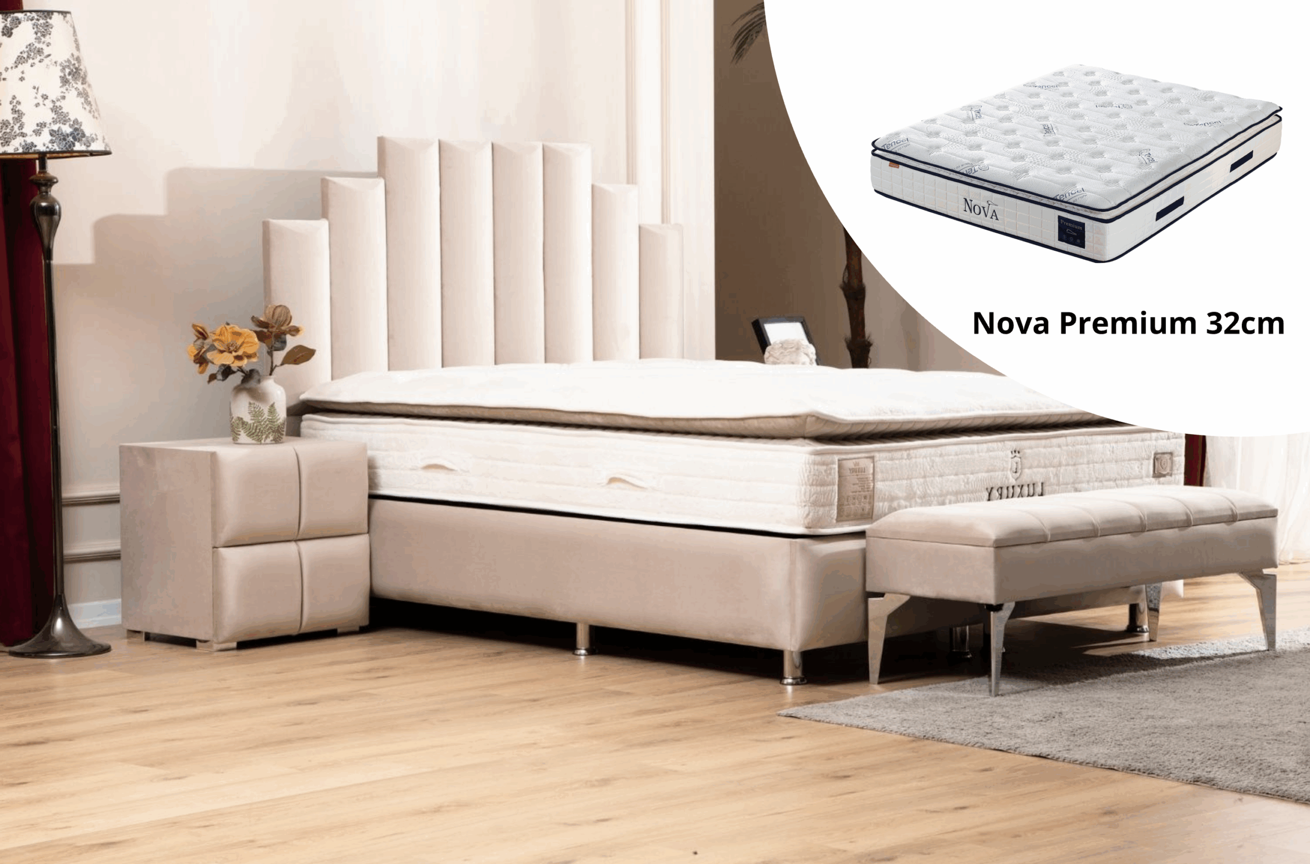 Pack complet Lit coffre Pyramide Beige + Matelas Nova Premium 32cm