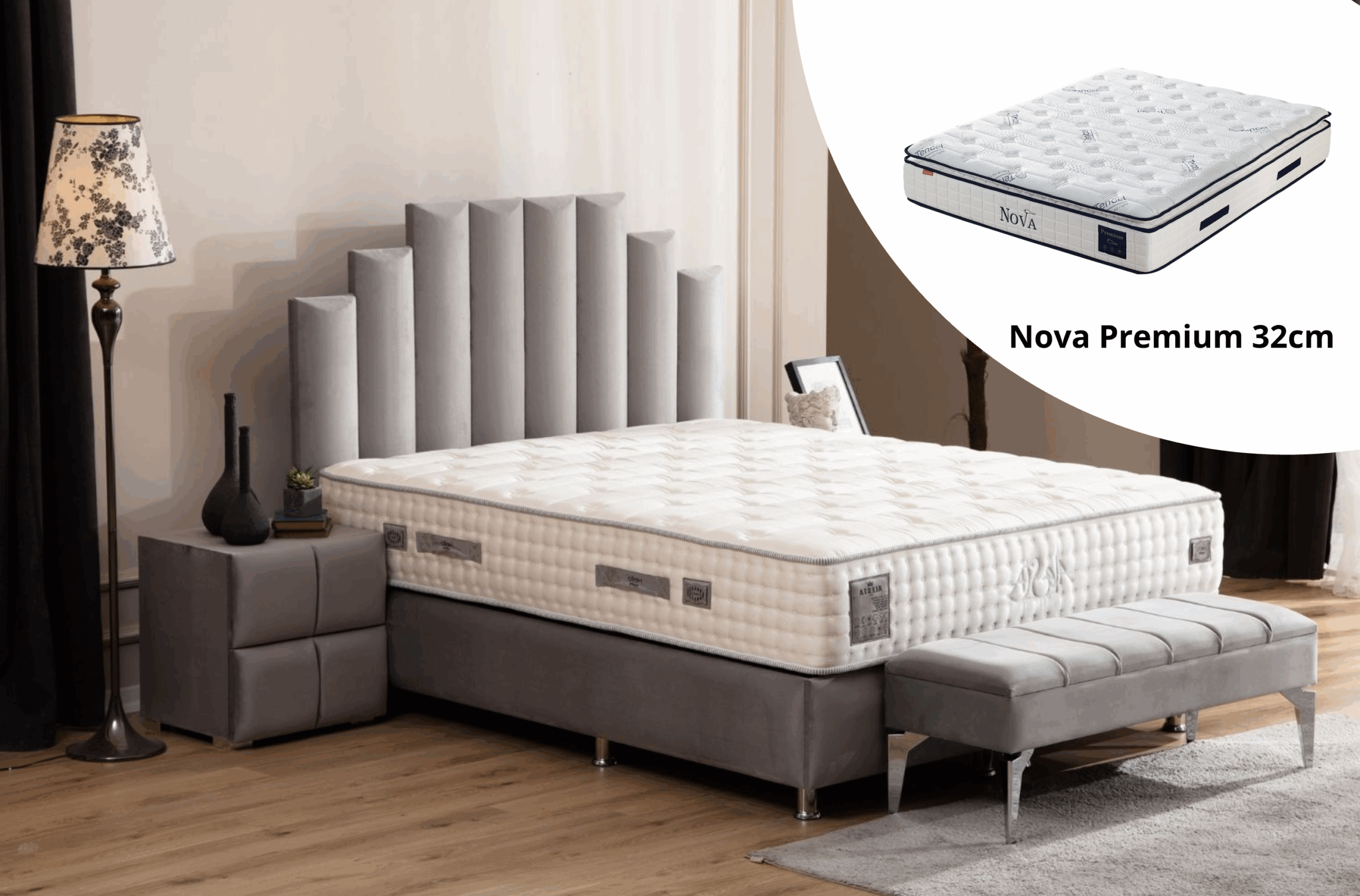 Pack complet Lit coffre Pyramide Gris + Matelas Nova Premium 32cm