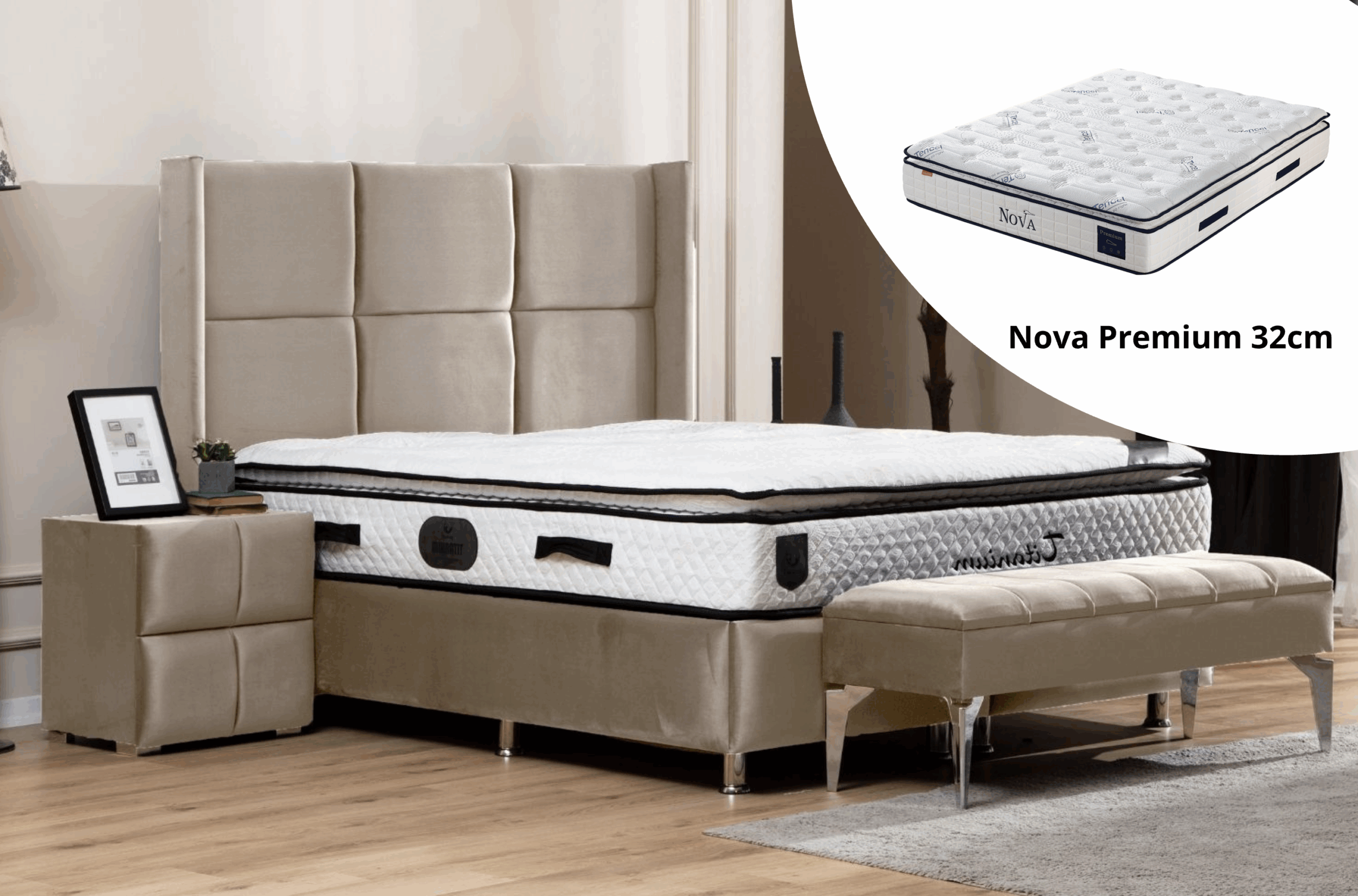 Pack complet Lit coffre Rio Beige + Matelas Nova Premium 32cm