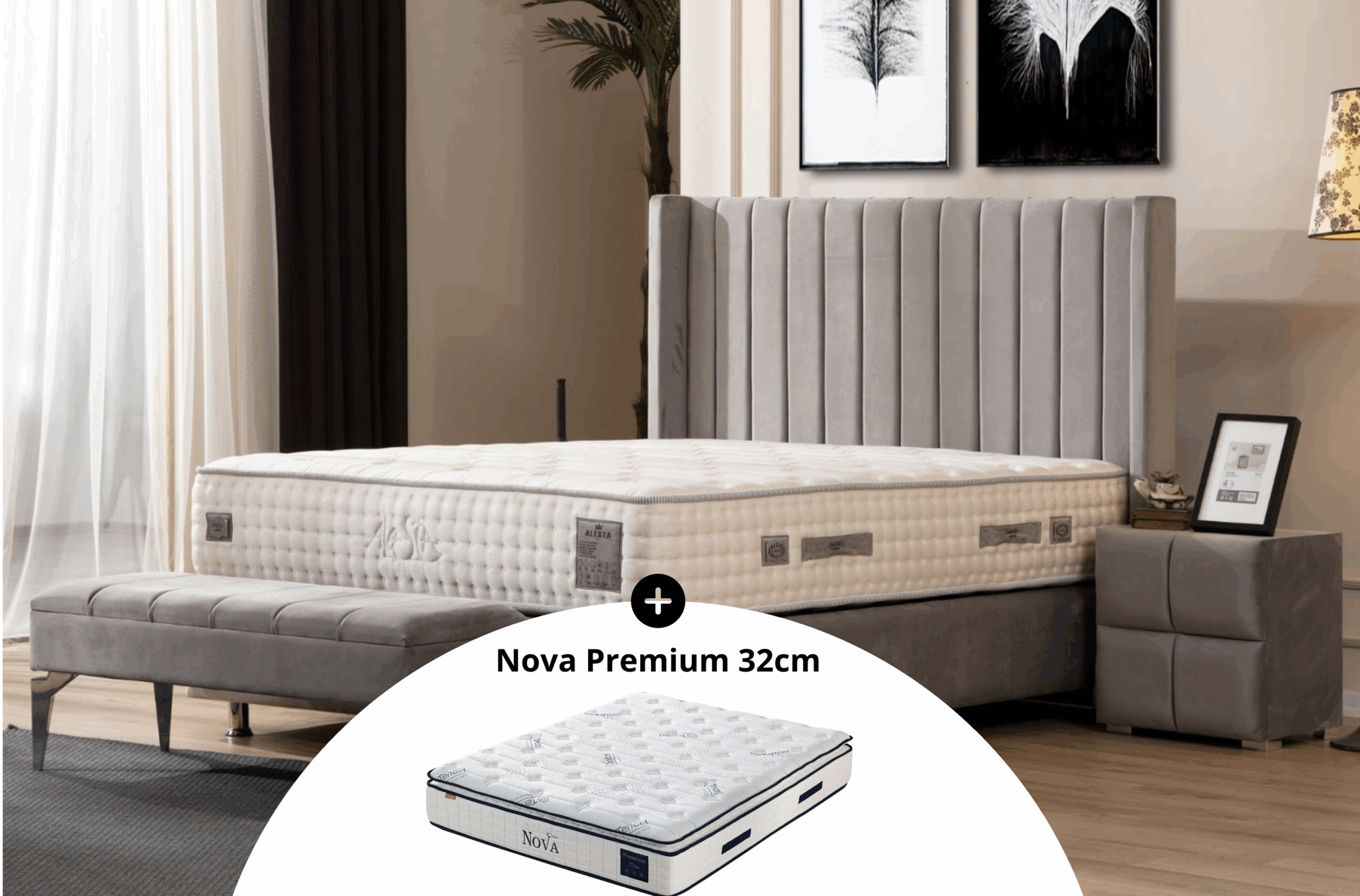 Pack complet Lit coffre Tokyo Gris + Matelas Nova Premium 32cm