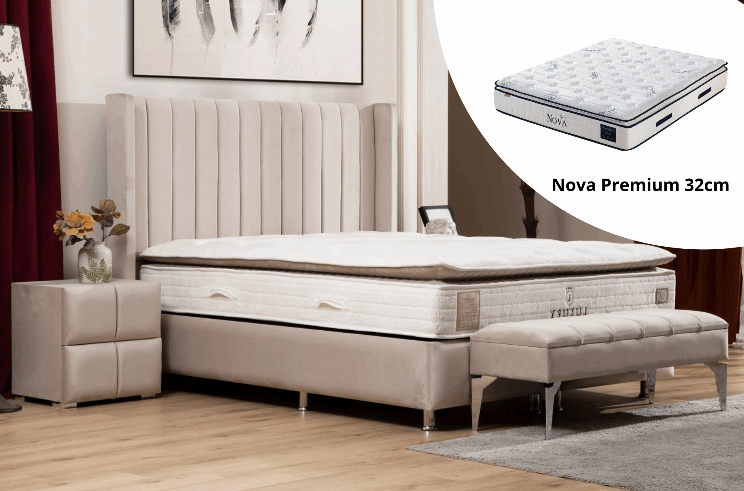 Pack complet Lit coffre Tokyo Beige + Matelas Nova Premium 32cm
