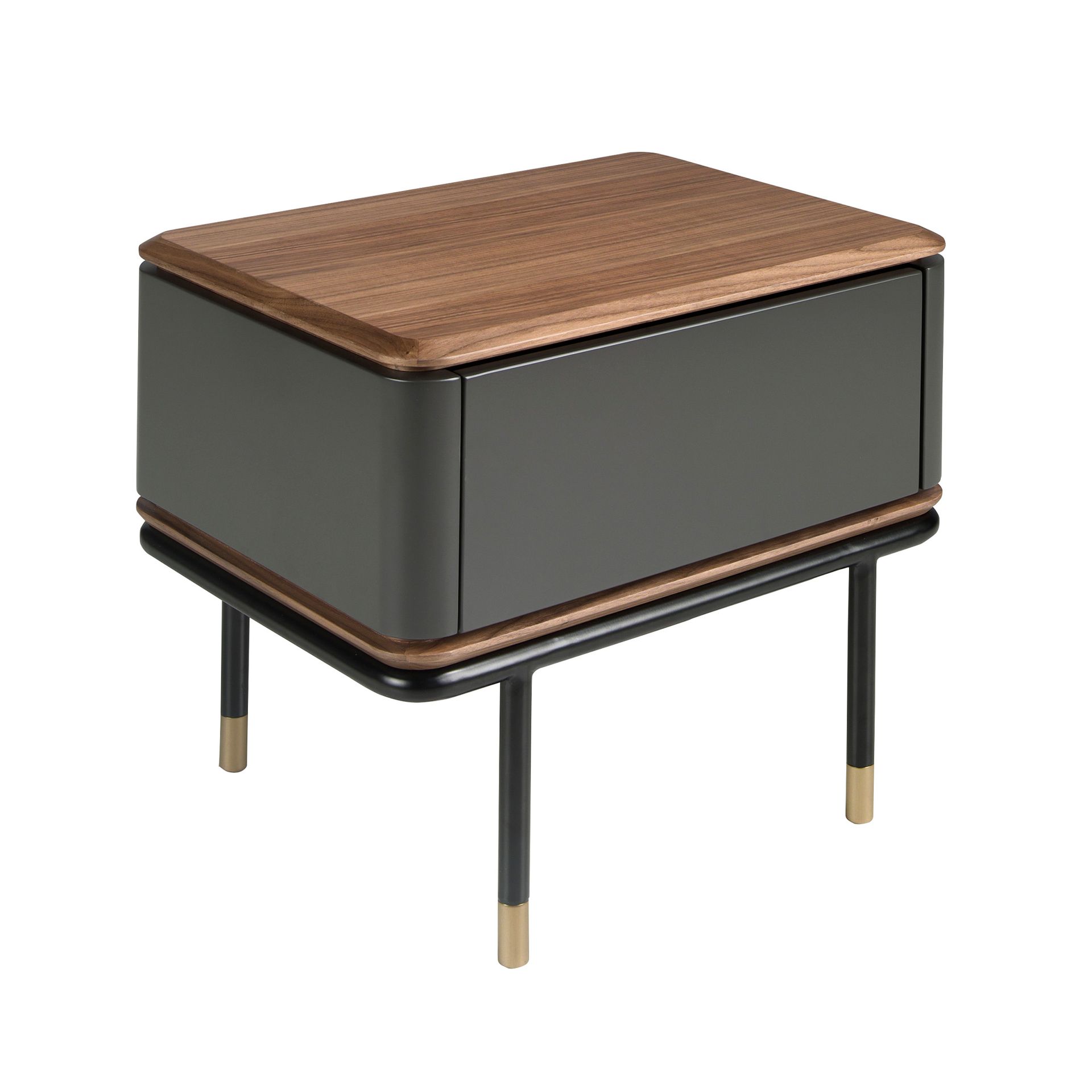 TABLE DE NUIT EN BOIS GRIS FONCÉ MAT, ACIER NOIR ET PLATEAU EN NOYER