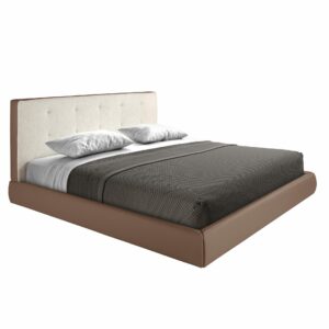 LIT REMBOURRÉ EN TISSU MARRON ET ÉCO-CUIR MARRON AVEC REVÊTEMENT BLANC CASSÉ