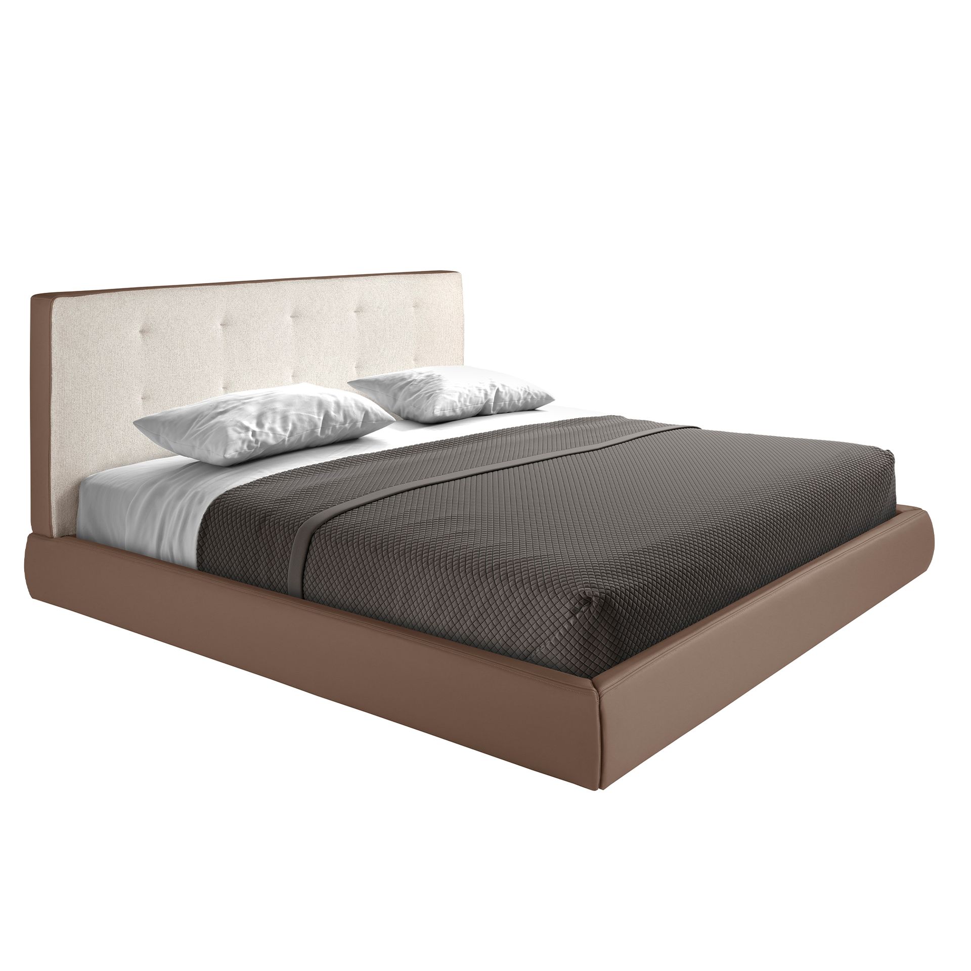 LIT REMBOURRÉ EN TISSU MARRON ET ÉCO-CUIR MARRON AVEC REVÊTEMENT BLANC CASSÉ
