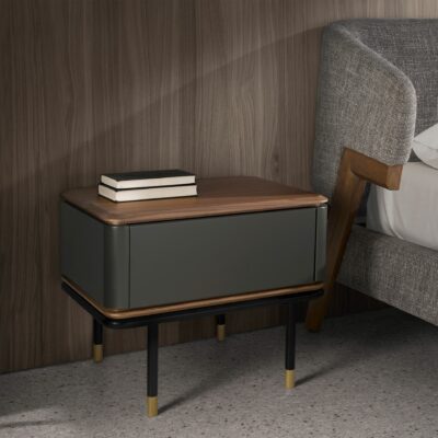 TABLE DE NUIT EN BOIS GRIS FONCÉ MAT, ACIER NOIR ET PLATEAU EN NOYER – Image 3
