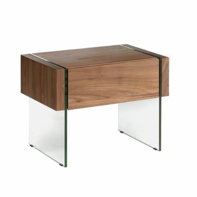 MEUBLE DE CHEVET EN NOYER ET VERRE TREMPÉ