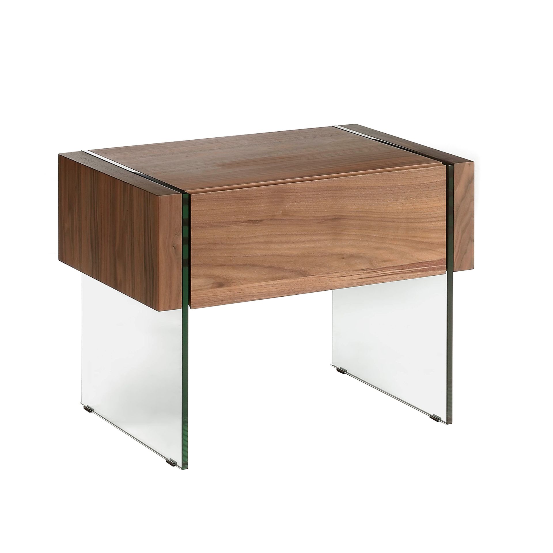 MEUBLE DE CHEVET EN NOYER ET VERRE TREMPÉ