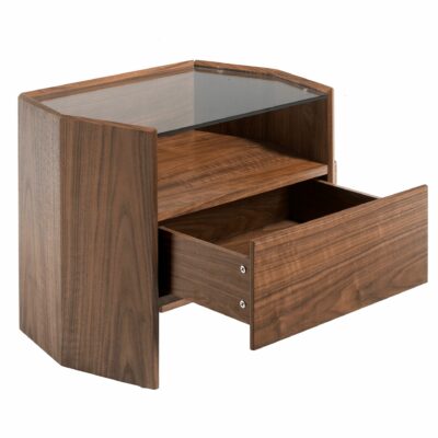 TABLE DE CHEVET EN NOYER AVEC PLATEAU EN VERRE TREMPÉ – Image 2