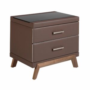 TABLE DE CHEVET EN SIMILI CUIR, NOYER AVEC PLATEAU EN VERRE NOIR