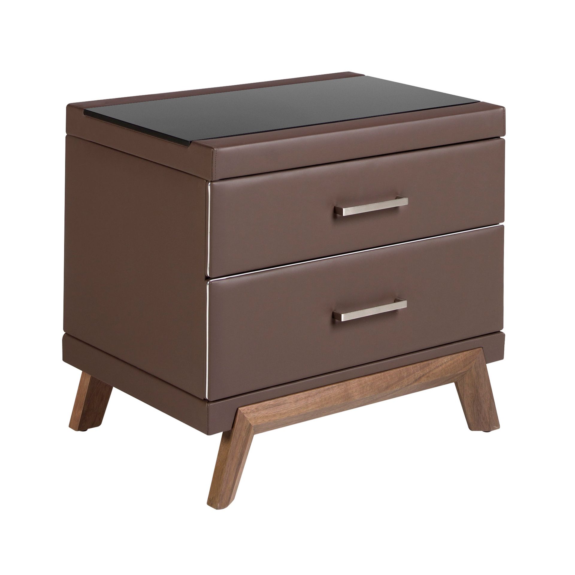 TABLE DE CHEVET EN SIMILI CUIR, NOYER AVEC PLATEAU EN VERRE NOIR