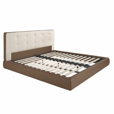 LIT REMBOURRÉ EN TISSU MARRON ET ÉCO-CUIR MARRON AVEC REVÊTEMENT BLANC CASSÉ – Image 2