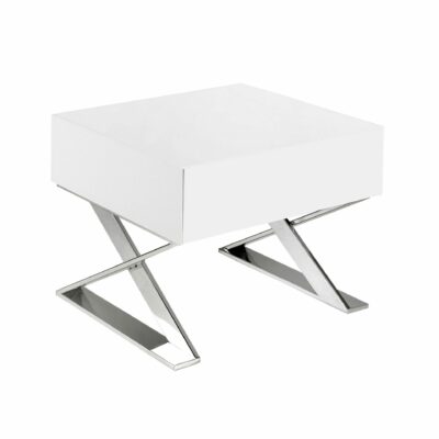TABLE DE CHEVET EN BOIS BLANC ET ACIER CHROMÉ