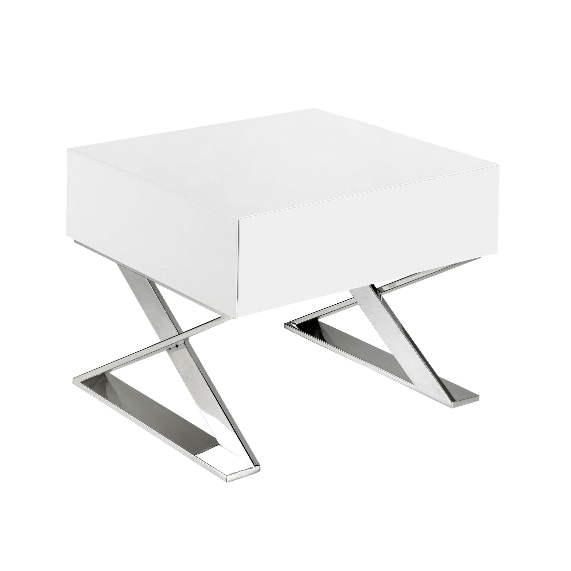 TABLE DE CHEVET EN BOIS BLANC ET ACIER CHROMÉ