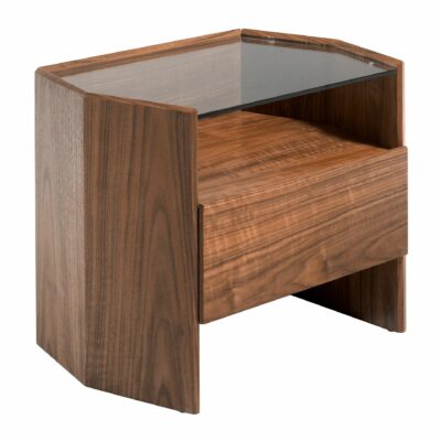 TABLE DE CHEVET EN NOYER AVEC PLATEAU EN VERRE TREMPÉ