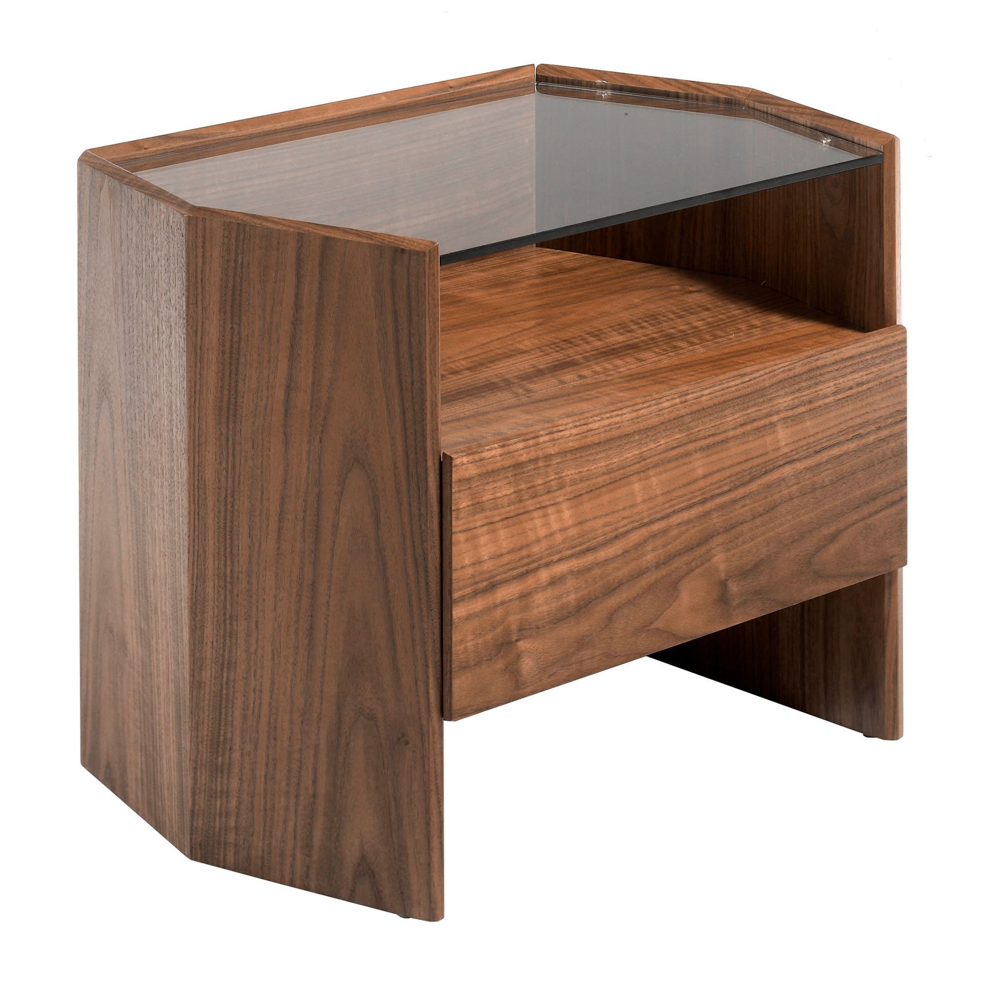 TABLE DE CHEVET EN NOYER AVEC PLATEAU EN VERRE TREMPÉ
