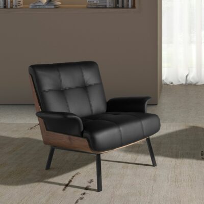 Fauteuil en similicuir noir et noyer – Image 2
